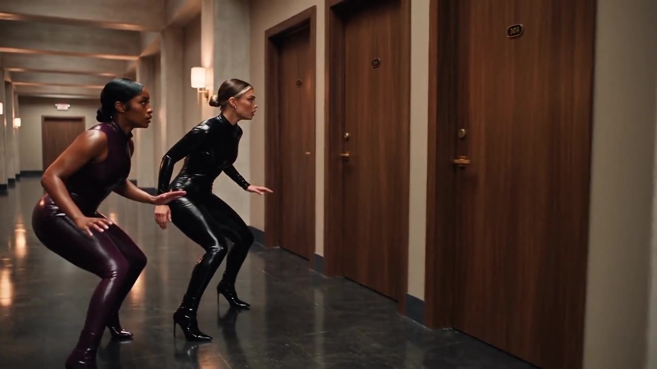 Two women in latex suits crouched in a hotel corridor
