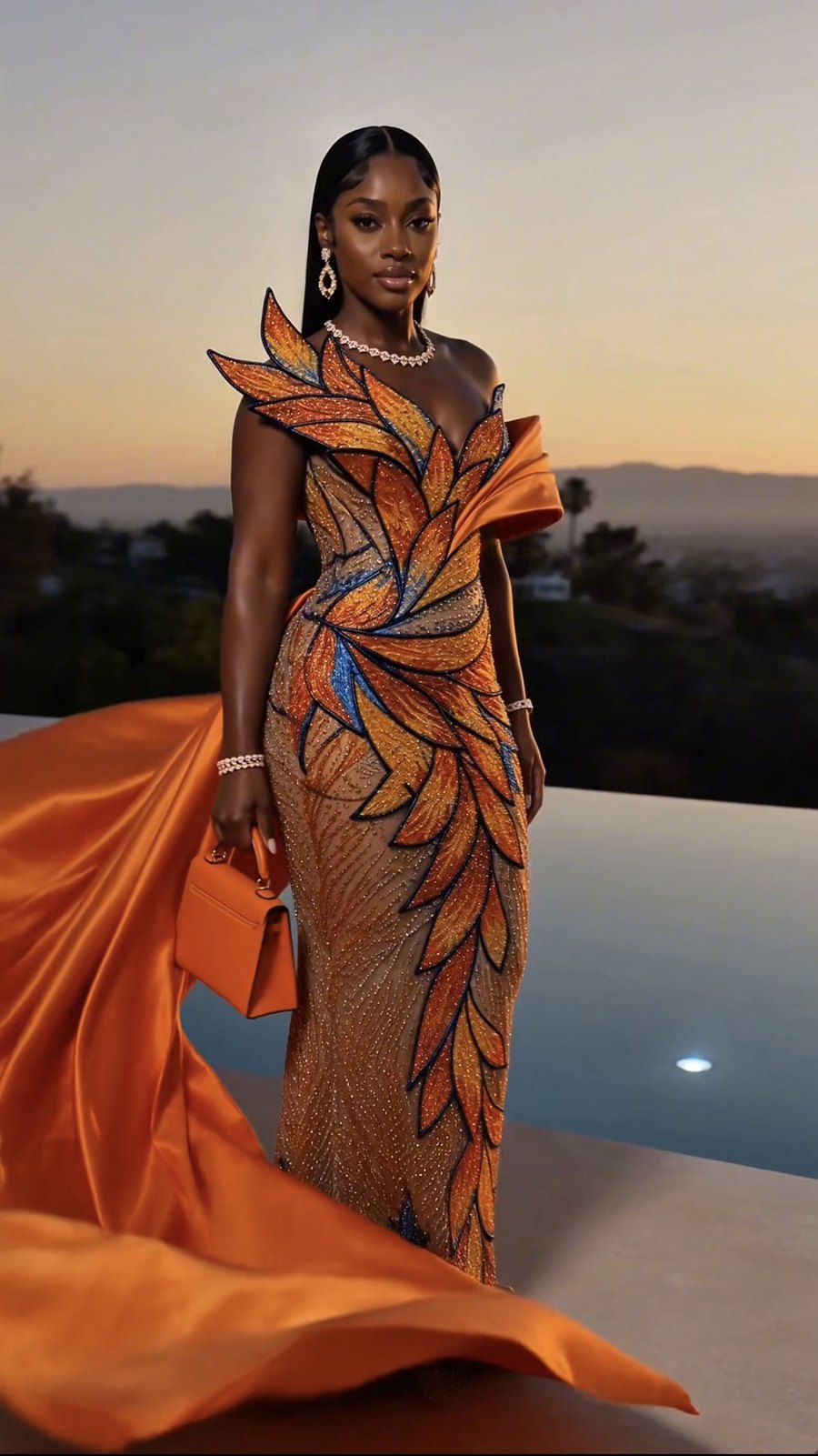 Soyléa in an orange beaded gown with a satin train at sunset